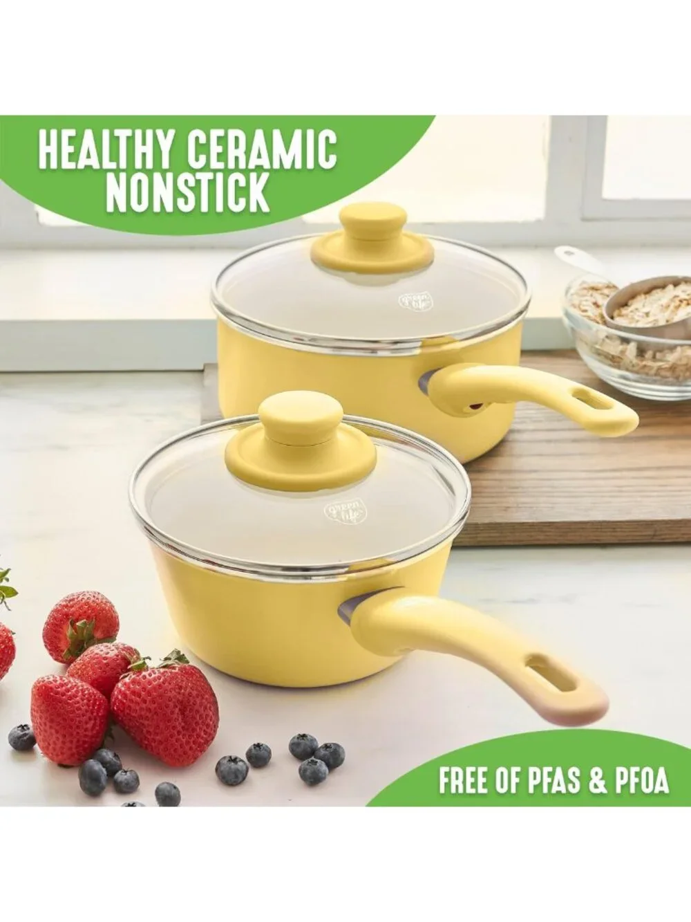 Healthy Ceramic Nonstick Saucepan Set - 1QT & 2QT, Dishwasher Safe, Easy Clean
